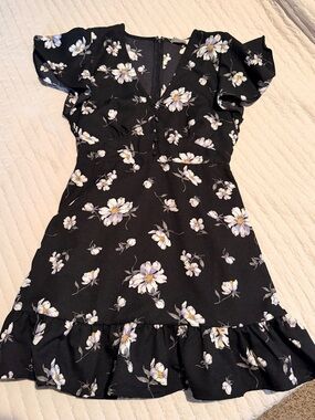Black Floral Mini Dress with Ruffle Hem